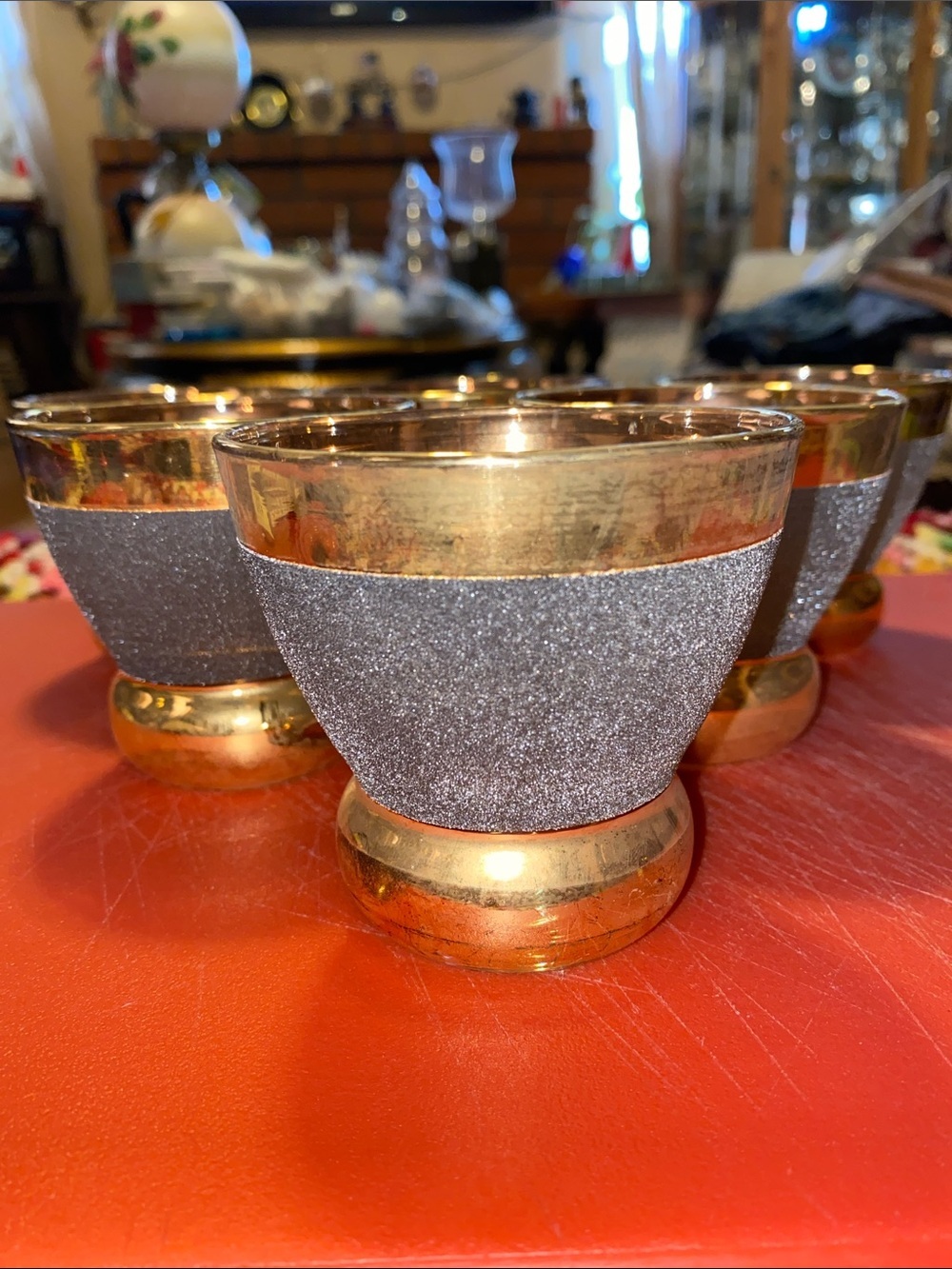 Vintage 1950’s Libbey Gold and Silver Glitter Accent Footed Glasses - Set of 6